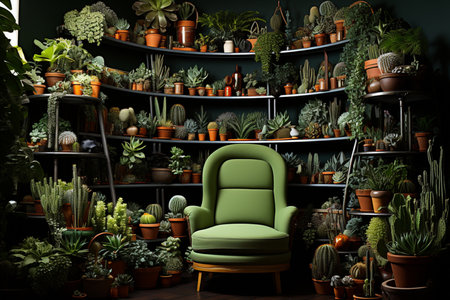 The stylish composition of home garden interior is filled with many beautiful plants, cacti, succulents, air plants in different designer pots. Generative AIの素材