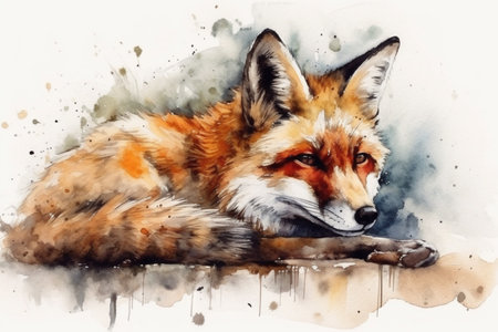 lying fox, watercolor painting, Generative AIの素材