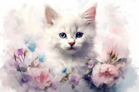 cute white fluffy kitten and flowers on a light background, watercolor painting, Generative AIの素材
