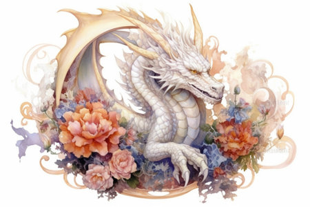 white dragon and flowers on a white background, watercolor painting, Generative AIの素材