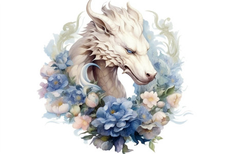 white dragon and flowers on a white background, watercolor painting, Generative AIの素材