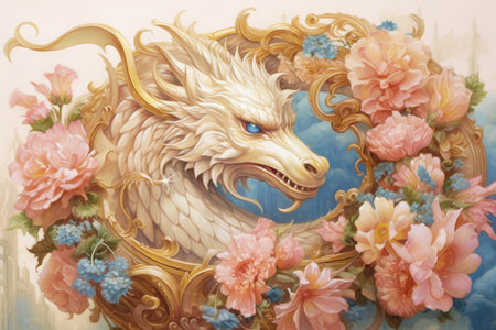 white dragon and flowers on a white background, watercolor painting, Generative AIの素材