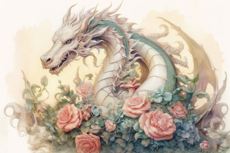 white dragon and flowers on a white background, watercolor painting, Generative AIの素材