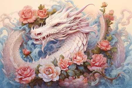 white dragon and flowers on a white background, watercolor painting, Generative AIの素材
