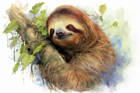 Watercolor painting of a sloth on a white background wildlife animals , watercolor painting , Generative AIの素材