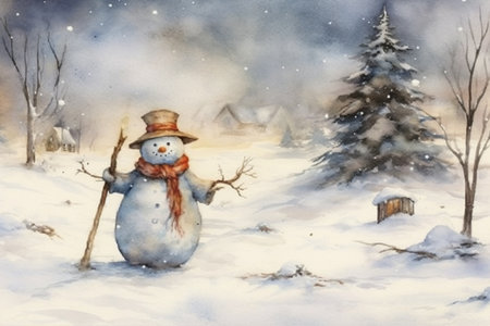 snowman in the forest, watercolor painting, Generative AIの素材