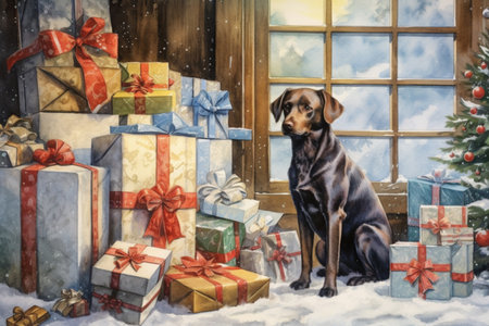 dog and many Christmas gifts, watercolor style, Generative AIの素材