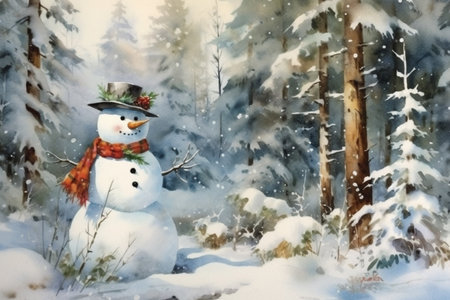 snowman in the forest, watercolor painting, Generative AIの素材