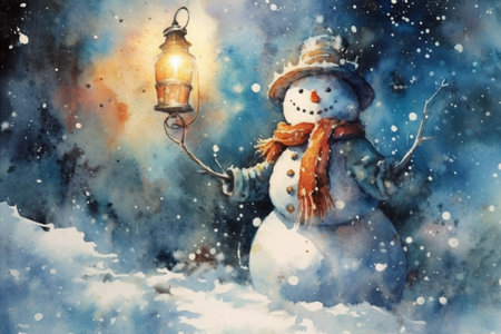 snowman in the forest, watercolor painting, Generative AIの素材