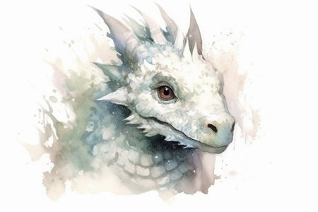 adorable little cute white dragon on white background watercolor painting , Generative AIの素材