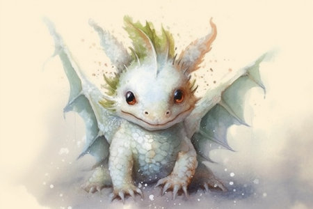 adorable little cute white dragon on white background watercolor painting , Generative AIの素材