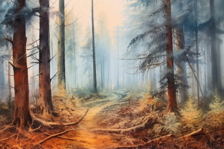 foggy autumn pine forest and a wet path through it after the rain , watercolor style, Generative AIの素材