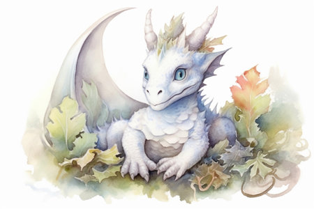 adorable little cute white dragon on white background watercolor painting , Generative AIの素材
