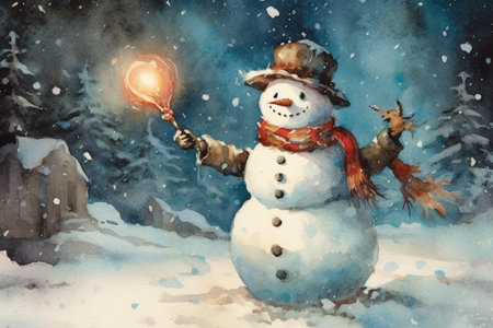 Snowman in the forest, watercolor painting, Generative AIの素材