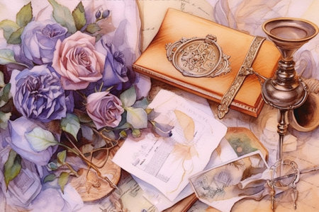 lilac flowers, lavender and letters, writing supplies, delicate still life on a light background , watercolor style, Generative AIの素材