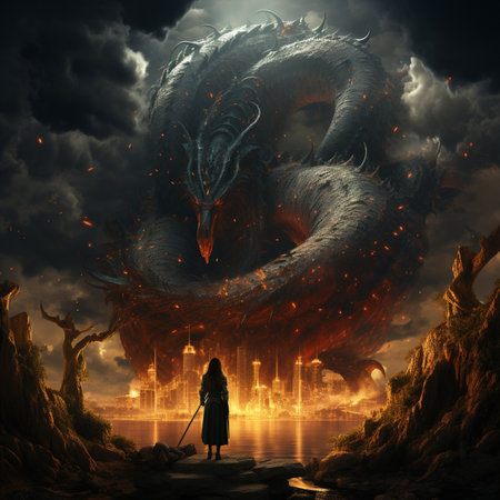 a man stands opposite a dragon in the sky above the city, worlds of magic Generative AIの素材