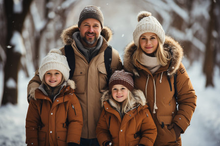 happy family with two daughters walking in a winter park, Generative AIの素材