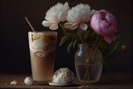 glass of latte and vase with peonies on the table Generative AIの素材