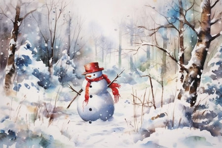 snowman in the forest, Christmas card, watercolor, Generative AIの素材