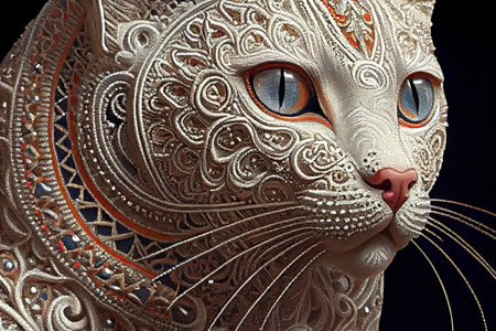 portrait of a white cat with the finest patterns, beadwork, Generative AIの素材
