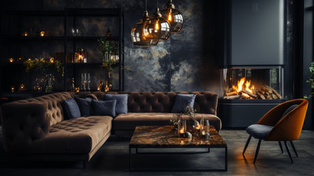 interior of a cozy and elegant living room, with a fireplace, leather sofa, without people, Generative AIの素材