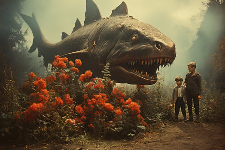 children on a walk and a giant fish, surrealism Generative AIの素材