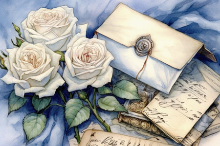 white roses and letters on a light background, watercolor style, Generative AIの素材
