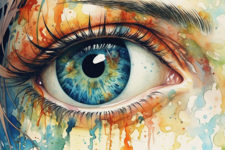 blue eye in heterochromia, watercolor style, Generative AIの素材