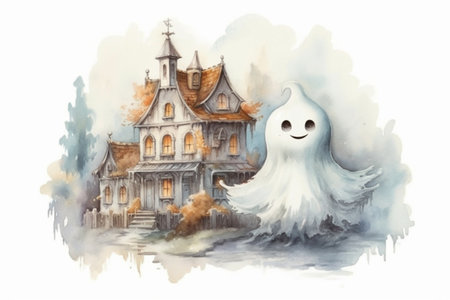 cute white ghost near the house, halloween, watercolor painting, Generative AIの素材