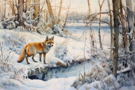 fox in winter forest, watercolor painting, Generative AIの素材