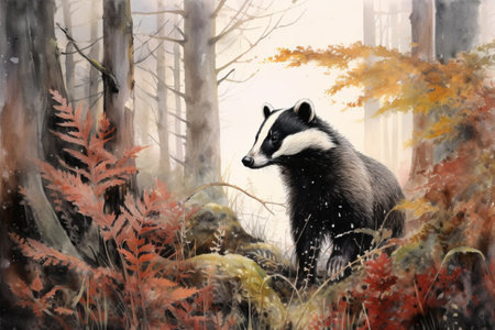 badger in the forest watercolor painting, Generative AIの素材