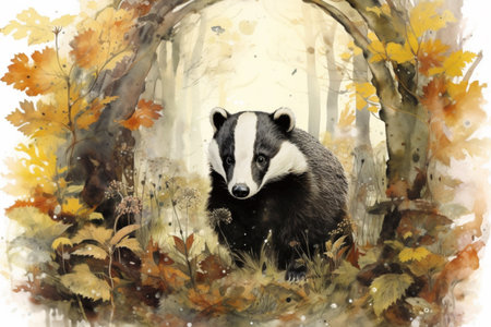badger in the forest watercolor painting, Generative AIの素材