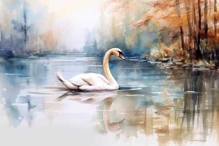swan in water and reflection, watercolor painting, Generative AIの素材