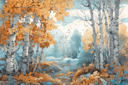 beautiful autumn landscape with birch trees against a blue sky , watercolor style, Generative AIの素材