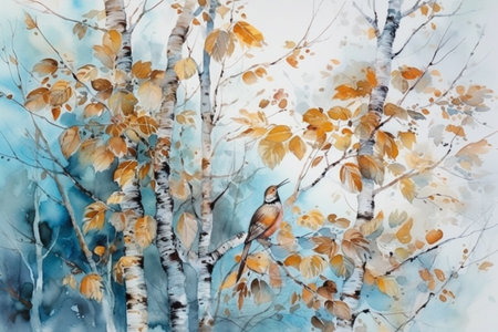 beautiful autumn landscape with birch trees against a blue sky , watercolor style, Generative AIの素材