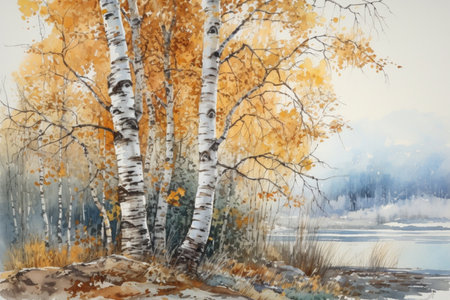 beautiful autumn landscape with birch trees against a blue sky , watercolor style, Generative AIの素材