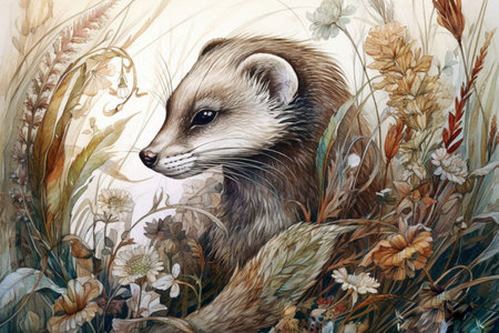 weasel and Grass-flowers in autumn, White feather grass , watercolor style, Generative AIの素材
