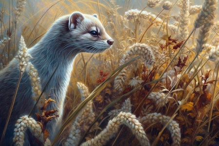 weasel and Grass-flowers in autumn, White feather grass , watercolor style, Generative AIの素材