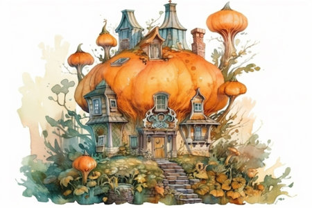 cute pumpkin house isolated on white background, watercolor style, Generative AIの素材