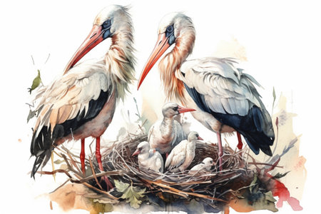 two storks in a nest, watercolor painting, Generative AIの素材