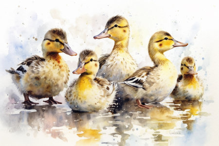 yellow ducklings in the water, watercolor painting, Generative AIの素材