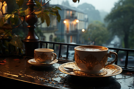 A cup of steaming coffee against the background of a rainy day window, Generative AIの素材