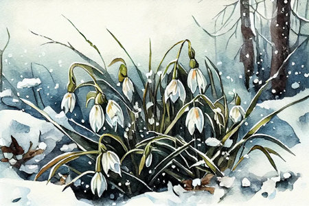 snowdrops in the forest in the snow watercolor painting , Generative AIの素材