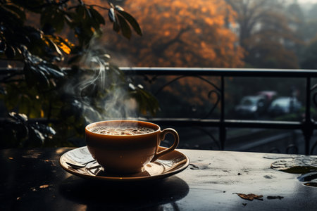A cup of steaming coffee against the background of a rainy day window, Generative AIの素材