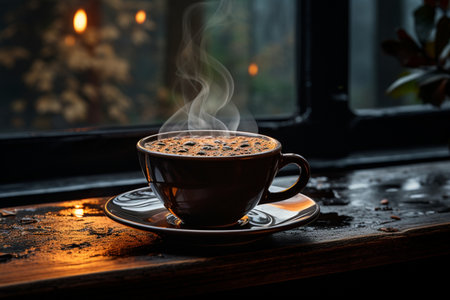 A cup of steaming coffee against the background of a rainy day window, Generative AIの素材