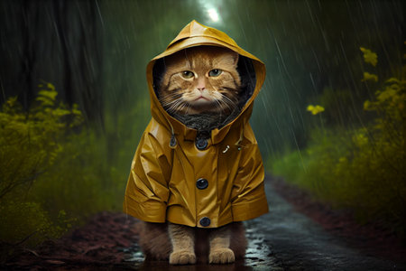 unhappy sad lonely cat in the rain in a raincoat in the middle of a path in the forest , watercolor style, Generative AIの素材
