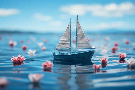 toy sailing boat on blue water surface, Generative AIの素材