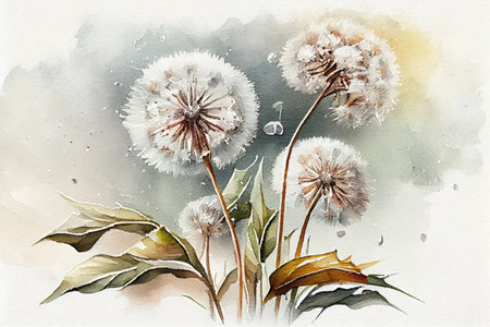 white dandelions on a light background, watercolor painting, Generative AIの素材