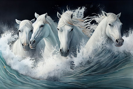 a herd of white horses galloping among the waves, watercolor drawing , Generative AIの素材