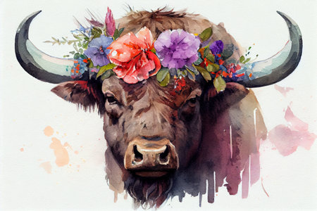 buffalo and flowers, watercolor painting, Generative AIの素材